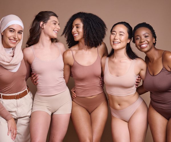 Diversity, women and studio beauty for self love, support of global community and healthy skincare, cosmetics and race group. Happy female models celebrate body positivity, inclusion and solidarity.